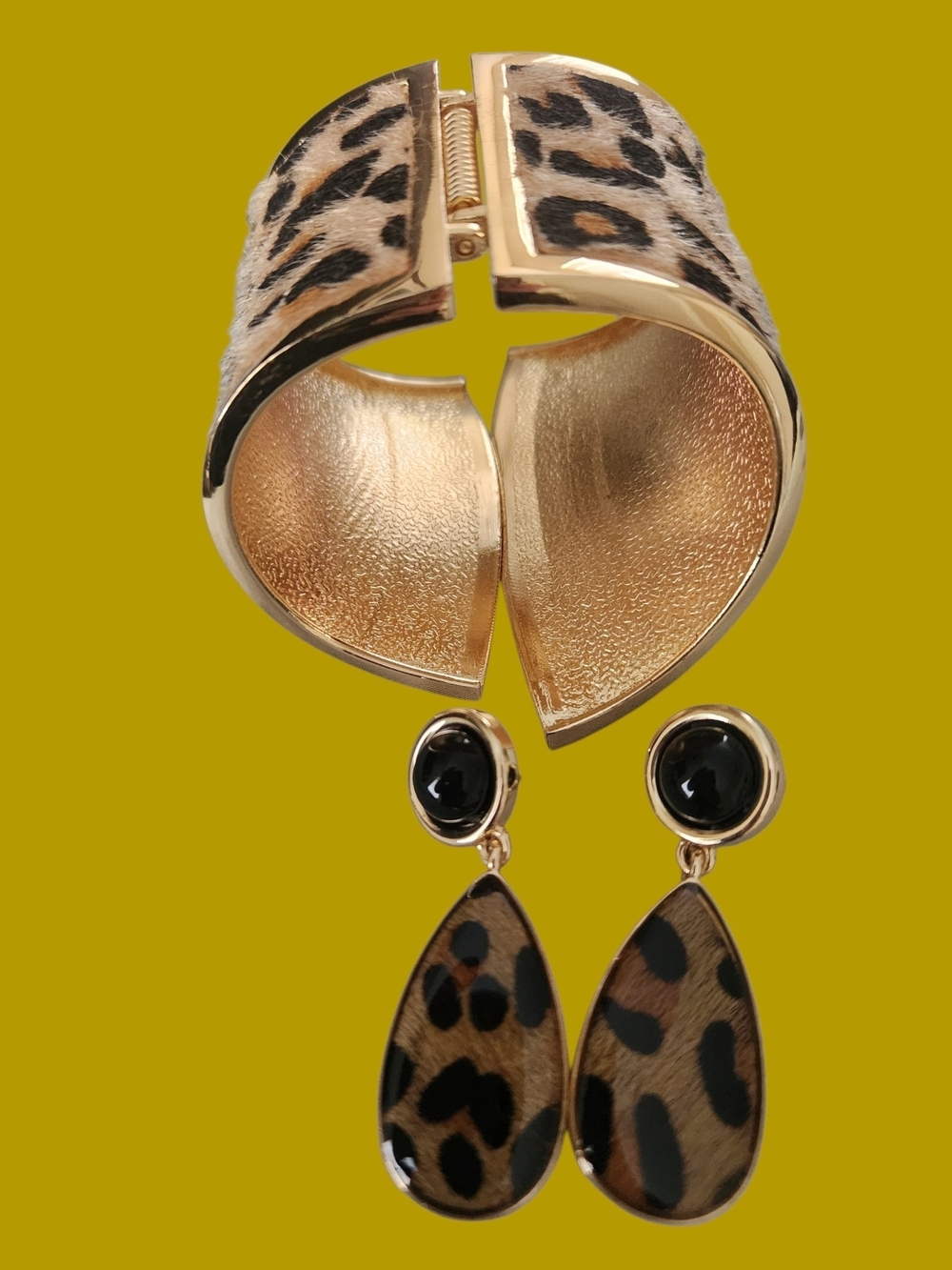 EYE CANDY Leopard Print Gold-Tone Cuff Bracelet  - Calf Hair - Picture 3 of 4